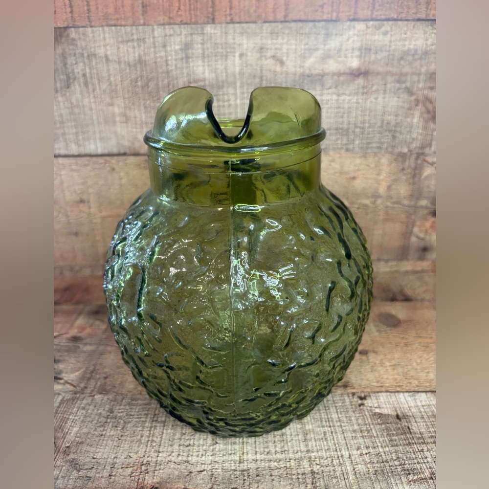 Vintage Anchor Hocking 60’s Lido Milano Crinkle Glass Ball Pitcher Avocado Green - Picture 3 of 9